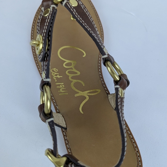 Coach Raiven Sandal Leather Flat Thong Ankle Strap Goldtone Tobacco 8.5 NWOB - Picture 10 of 14
